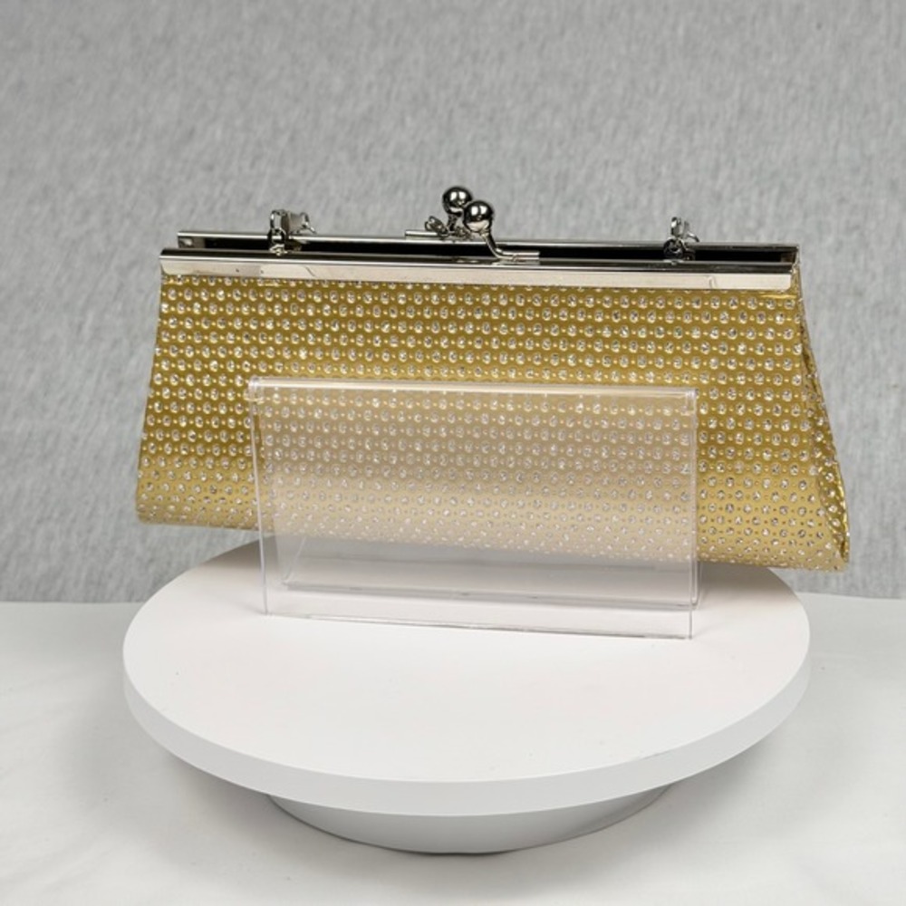 Gold Rhinestone Evening Clutch Metallic Formal Wedding Purse with Chain Strap - Picture 2 of 11